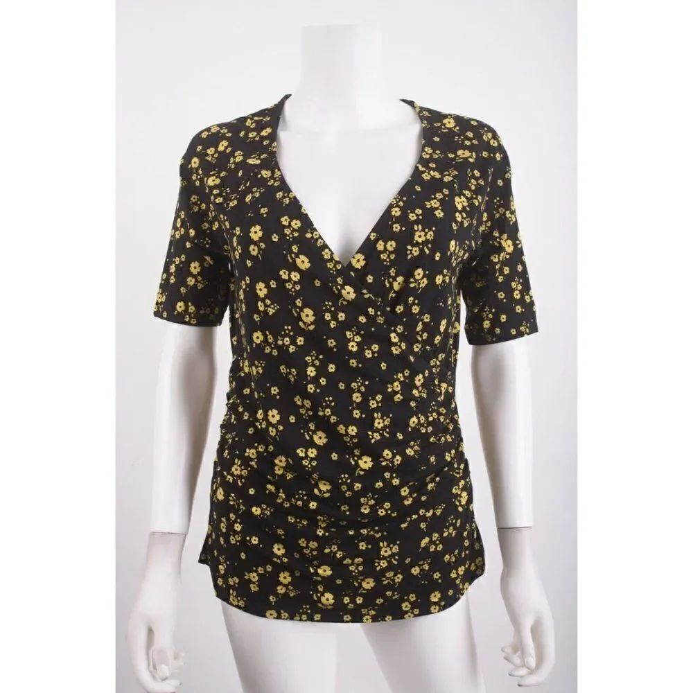 Boden Womens Short Sleeve Wrap Top UK 22 US 20 22 plus Black Yellow Floral NWT